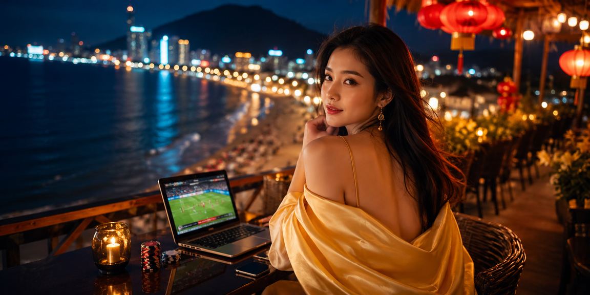 Cảnh đêm tại Vũng Tàu với khu vực giải trí sôi động và người dùng truy cập nền tảng trực tuyến